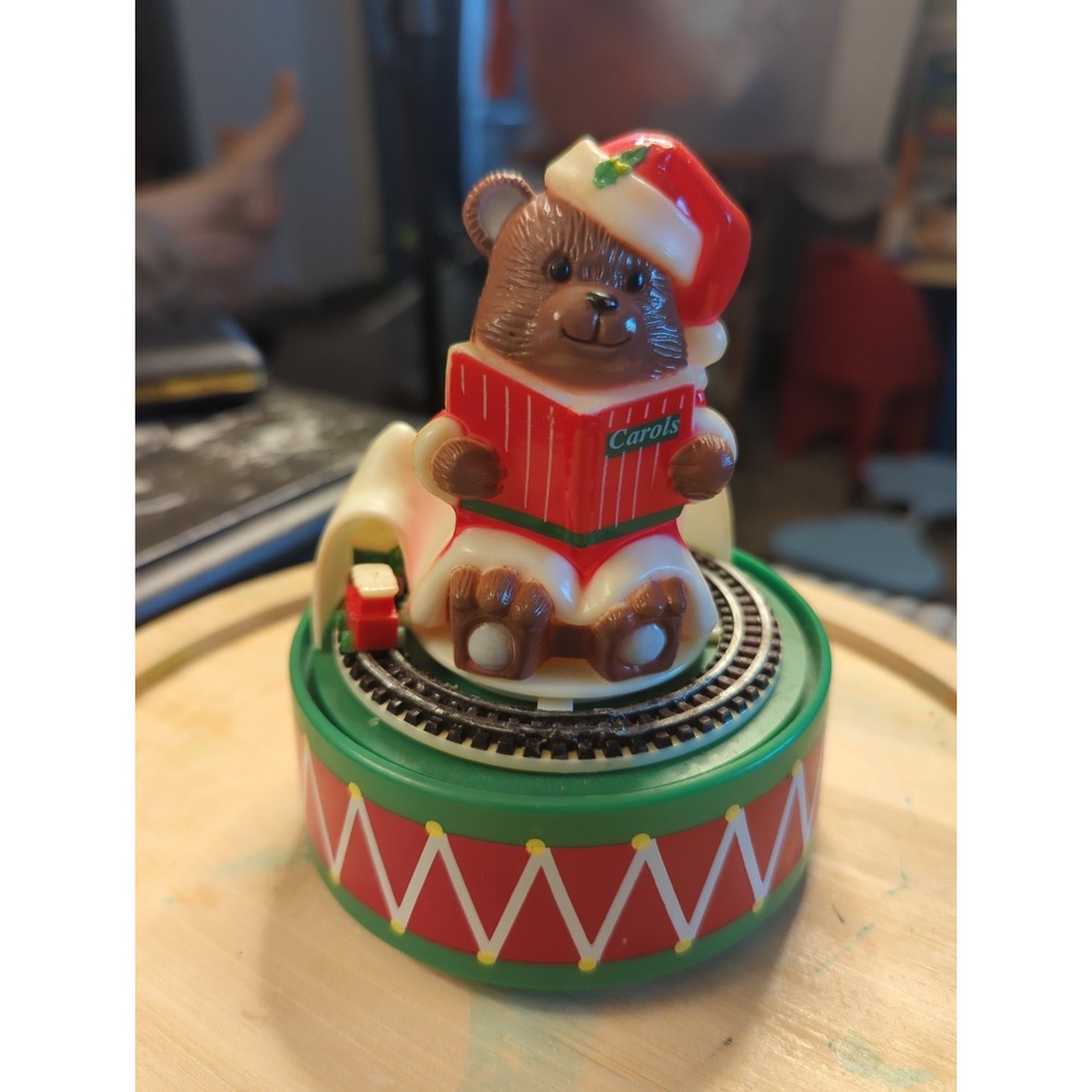 Vintage Christmas Music Box Hard Plastic Teddy Bear Train Rotating Santa Claus